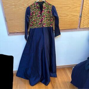 Indian Suit Long Gown Anarkali - Elegant Navy Dress with Floral Embroidery